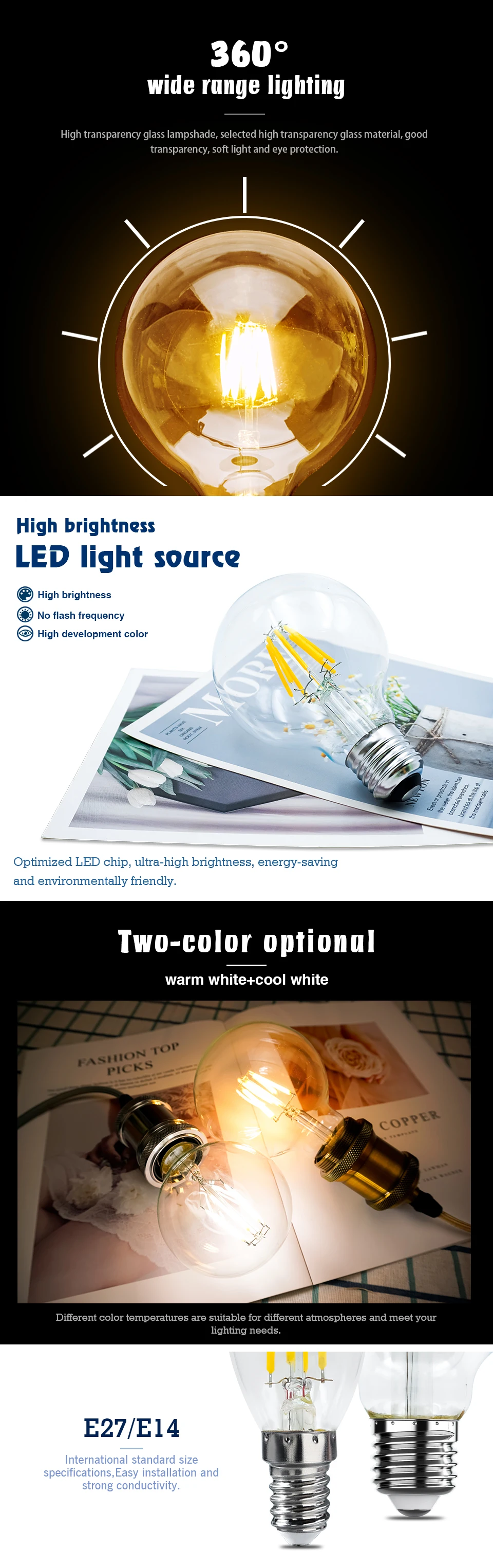 2Pcs E14 LED Bulb E27 220V Filament Light A60 C35 ST64 G80 G95 Edison Glass Bulb Retro Antique Vintage Style Cold White Warm