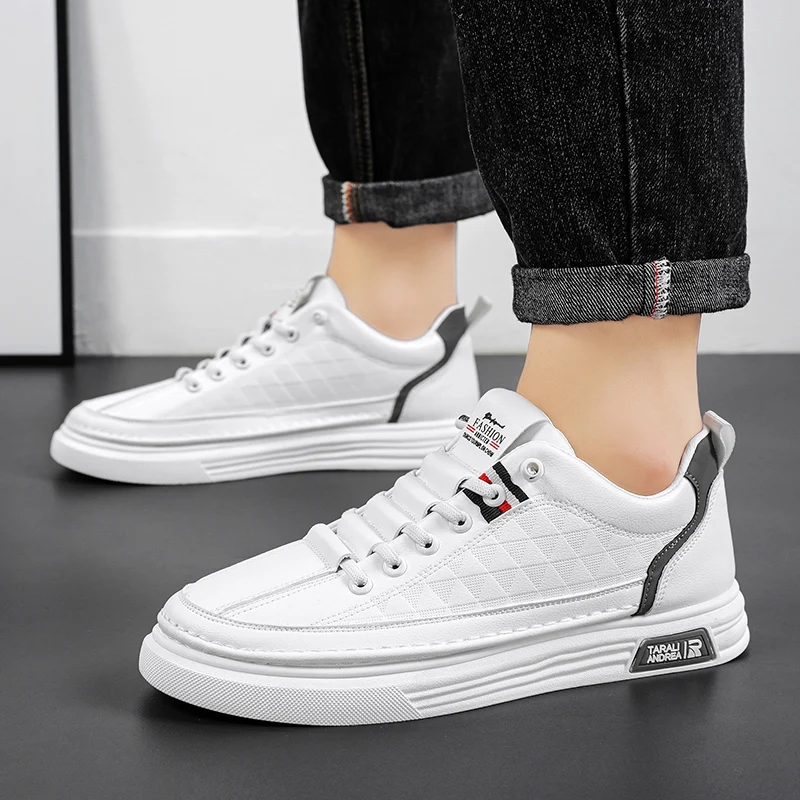 Fashion Platform Men Casual Shoes Leather Lightweight Slip on Men Board Shoes White Outdoor Sports Sneakers Comfort Tennis Shoes