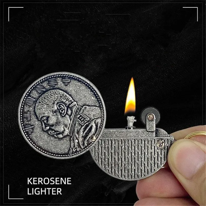 

New Retro Coin Torch Lighter with Keychain Mini Portable Flint Grinding Wheel Lighter Smoking Accessories Men's Small Gifts