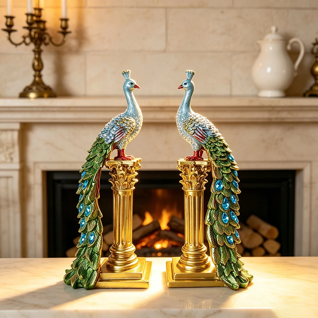 Statue de paon de luxe pour couple, sculpture en résine, figurine d'oiseau sur colonne dorée, décoration élégante pour salon, ornement de bureau, cadeau