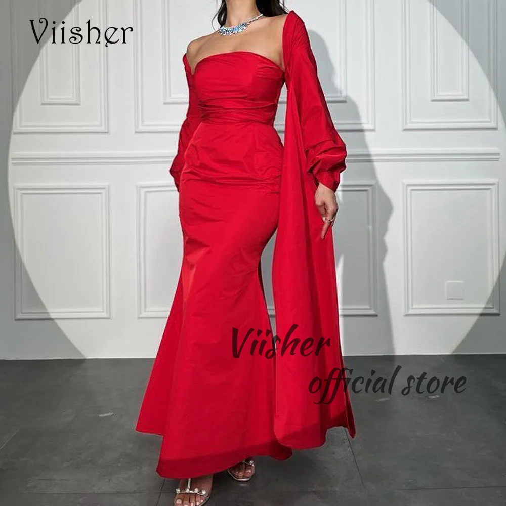 

Viisher Red Mermaid Evening Dresses Cape Sleeve Pleats Satin Strapless Formal Prom Dress Floor Length Dubai Arabic Gowns