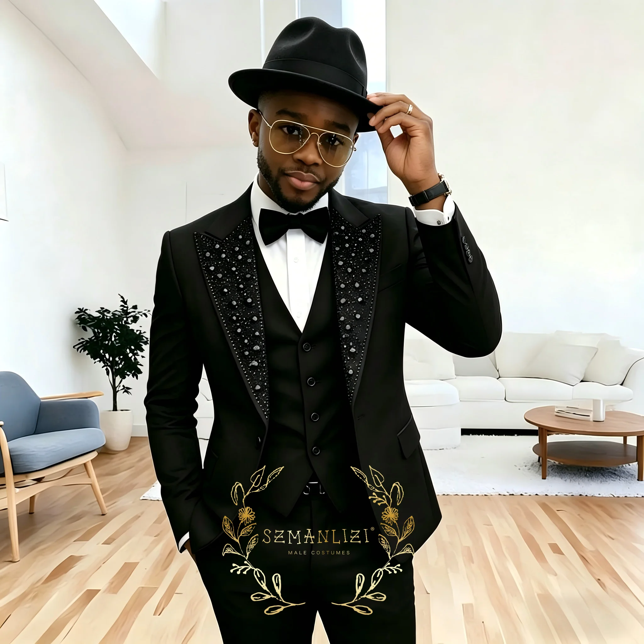 Black Crystal Beaded Suits Men 3 Pieces Sets Single Breasted Groom Blazer Customized Costume Homme Wedding Tuxedos Male Clothing