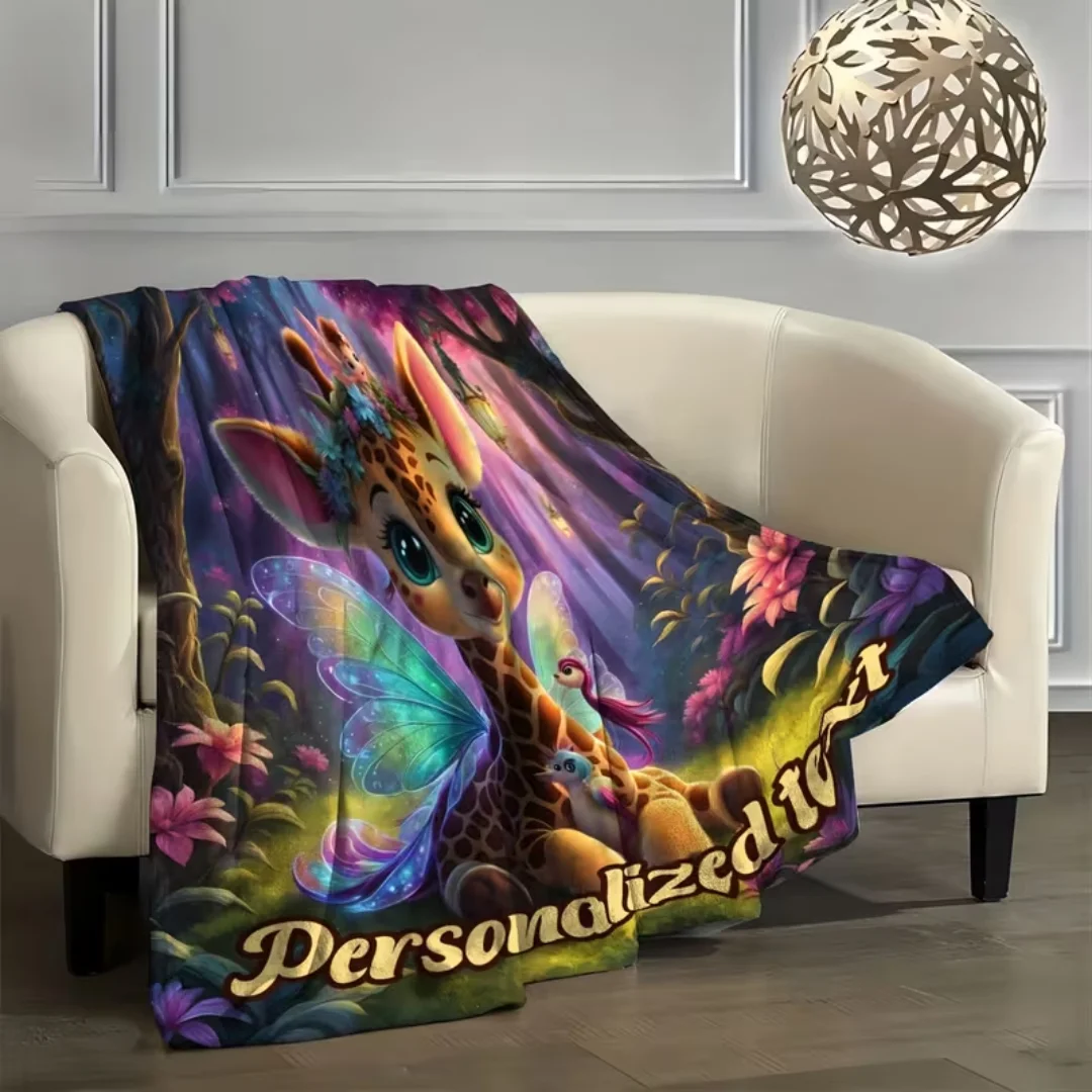 Custom Text Mysterious Fantasy Giraffe Elf Print Flannel Blanket, Warm Cozy All-Season Gift Throw Blanket