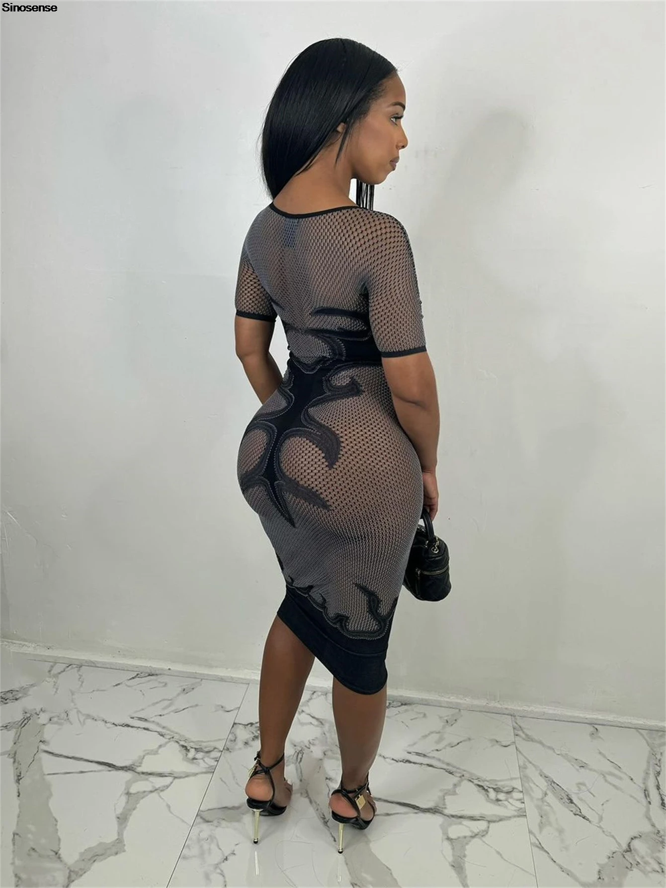 Vestido largo ajustado ahuecado transparente para mujer, vestido ajustado de manga corta con cuello redondo, vestido ajustado Y2K Street Date Night Out Club Party