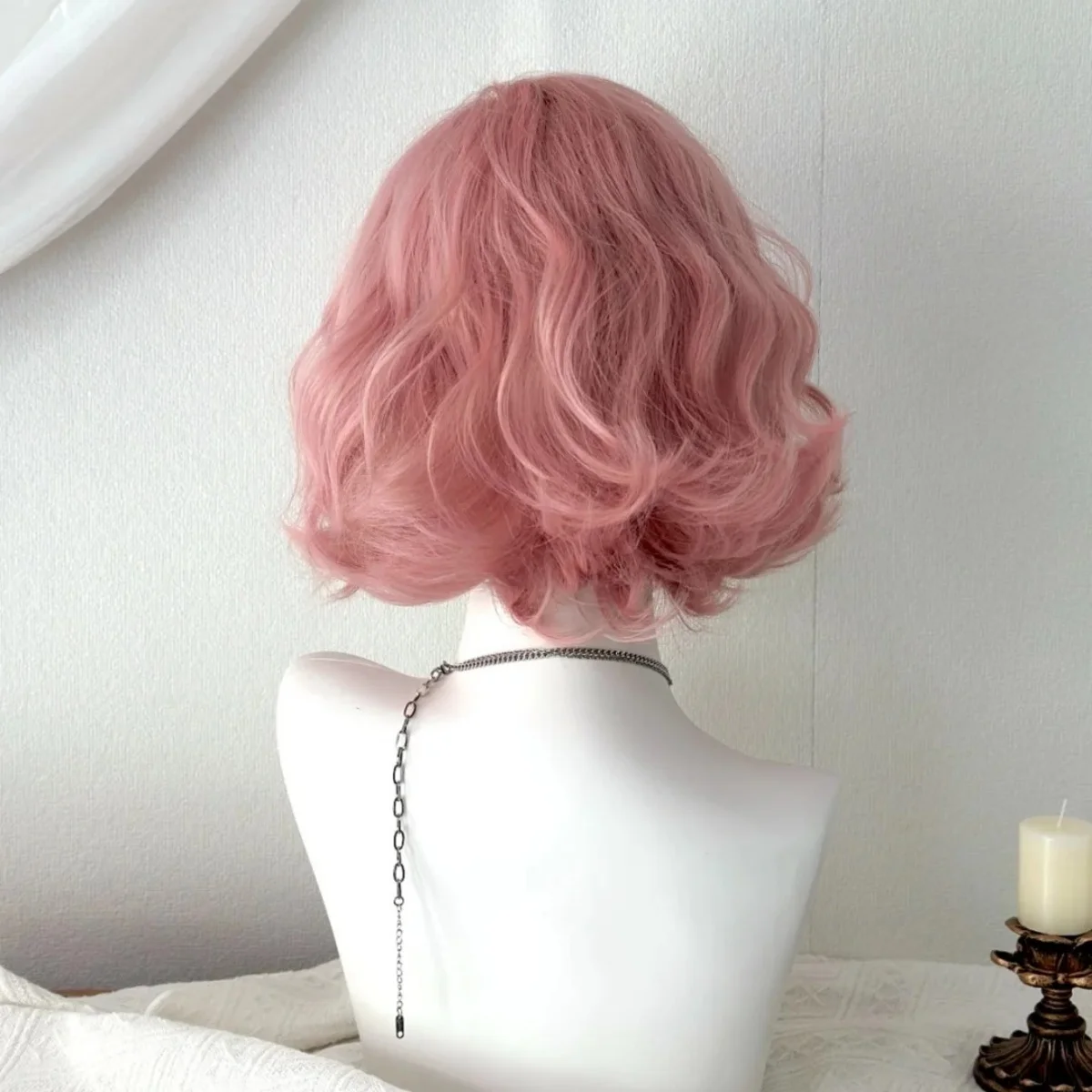 Short Pink Lolita Hair High Quality Synthetic Wigs with Bangs Short Pink Curly Bob Hair Fake For Women Lolita Heat Resistant