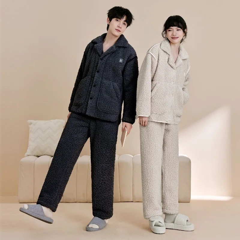 Couple Pajamas for Men Fleece Winter Sleepwear Korean Sleeping Night Wear Solid Pijama 2 Pcs Pants Sets Warm Pocket Home Suit