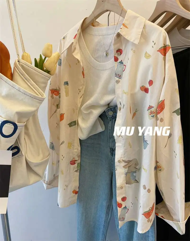 Japanese Cute Carrot Rabbit Retro Cartoon Shirts Summer Long Sleeve Blouse Beige Loose Button Up Shirt Korean Fashion Girls 2024