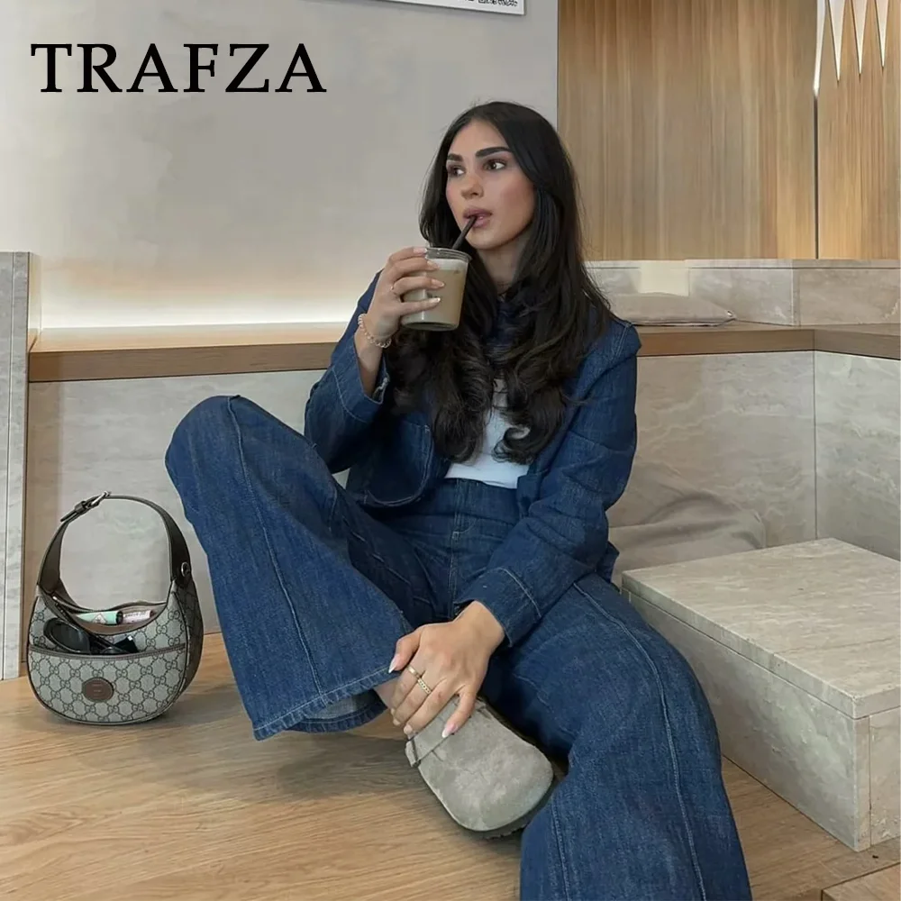 

TRAFZA 2024 Spring Summer Casual Denim Women Suits Fashion Vintage O Neck Single Breasted Short Jackets+Chic High Waist Pants