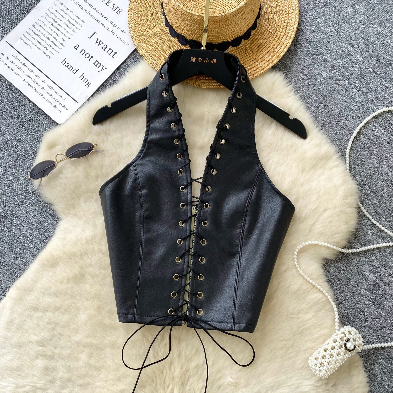 New Sexy Crop Top Inside Women Black PU Leather Rope Strap Hollow Out Punk Style Tank Tops Vest Fashion Backless Club Party Wear
