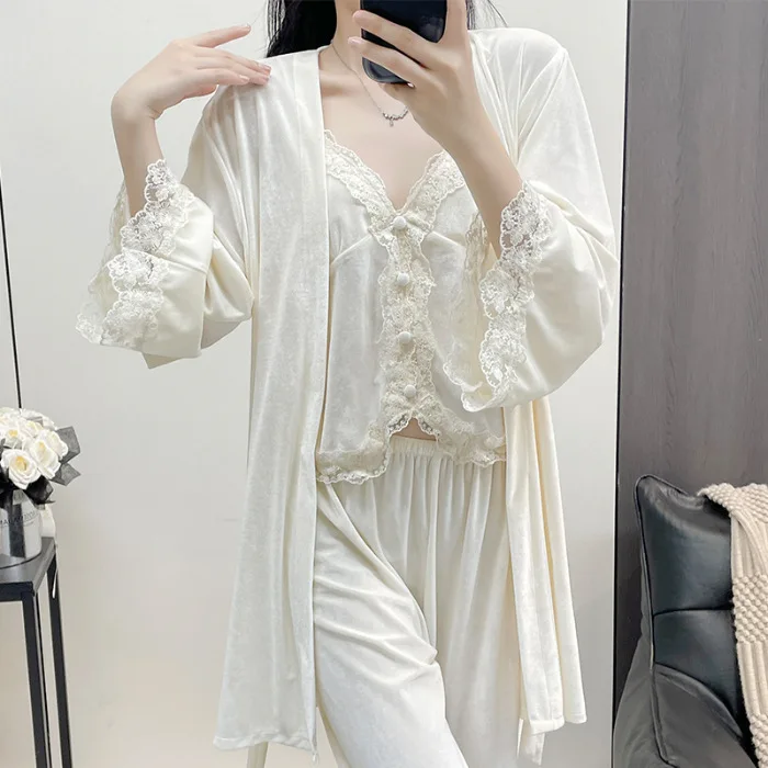 

Autumn Winter Velvet Female 3PCS Pajamas Set Sexy Lace Trim Bathrobe Trouser Suits Loose Casual Velour Home Clothes Lounge Wear