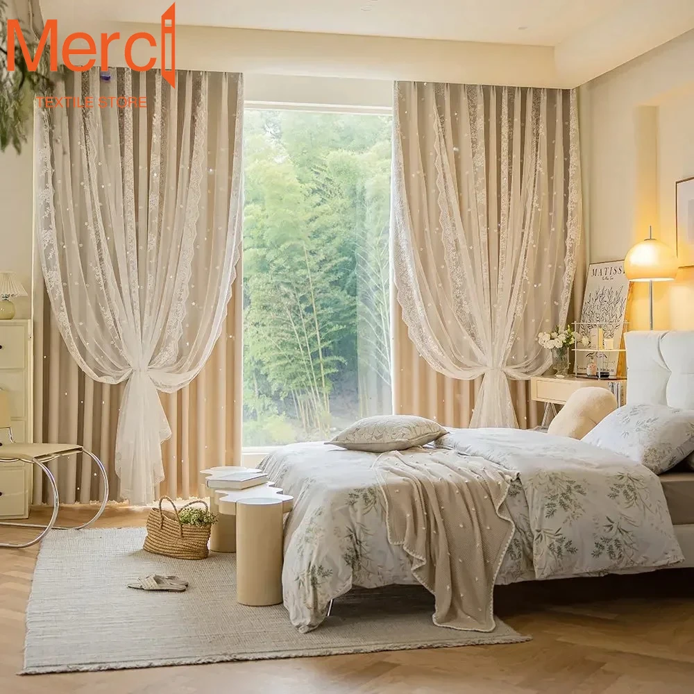 Lace Curtains for Living Room Bedroom Hollow Star Window Screen Integrated French Retro Advanced Sense Princess Style Tulle