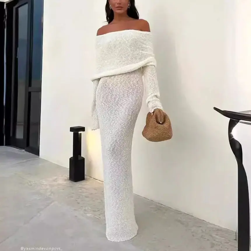 Elegant Knit Maxi Dress Long Flare Sleeve White Ladies Guest Luxury Off Shoulder Beach Event Party Evening Dress Summer 2024