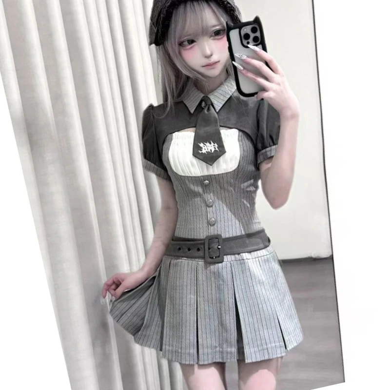 

Japanese Vintage Lolita Style 2 Piece Sets Women Elegant Short Sleeves Coat Tops Stripe Button Slim Dress Korean Y2k Outfit