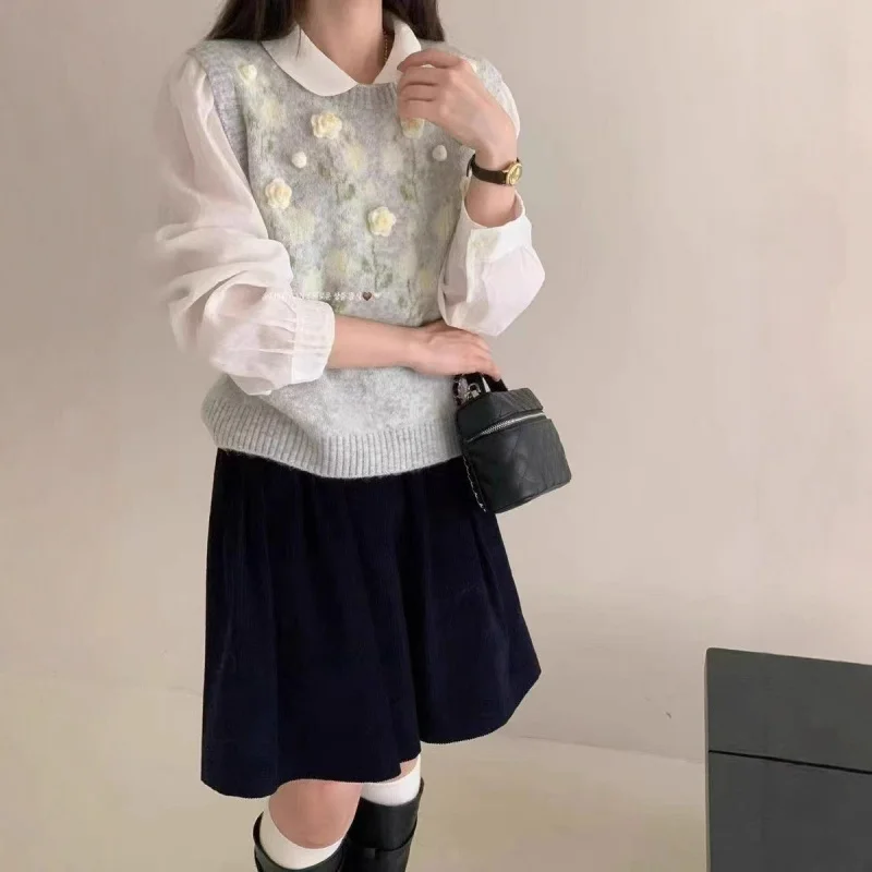 

Осенний новый женский нежный стильный вязаный жилет, верхняя одежда в корейском стиле, жилет с круглым вырезом, свободный свитер без рукавов