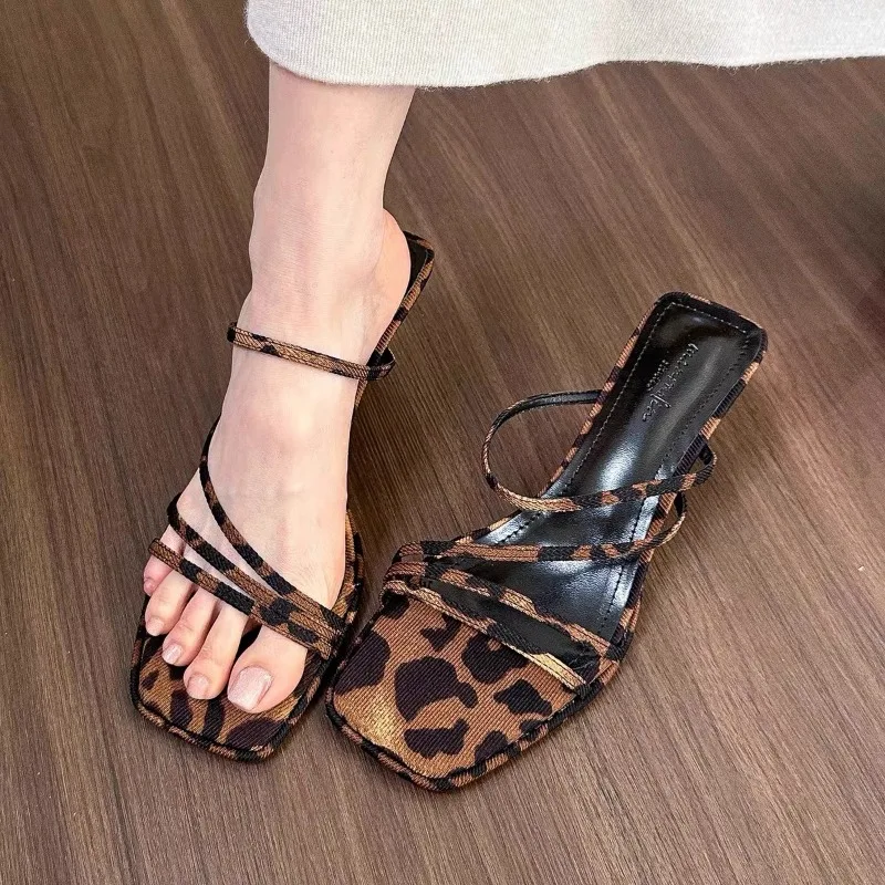 Leopard Print High Heel Slippers Women Shoes Summer Sexy Thin Strap Women's High Heels Outdoor Open Toe Stiletto Women Slippers