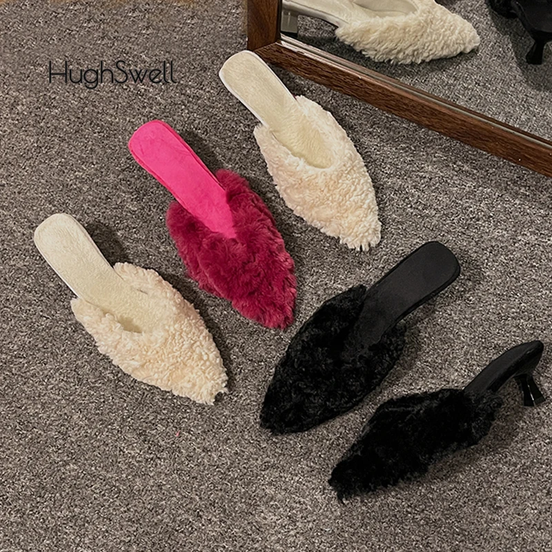 Luxury Kitten Heel Furry Mule Slides Women Rose Pink Sexy Slippers Ladies Pointy Toe Stiletto Plush Sandals Winter Party Shoes