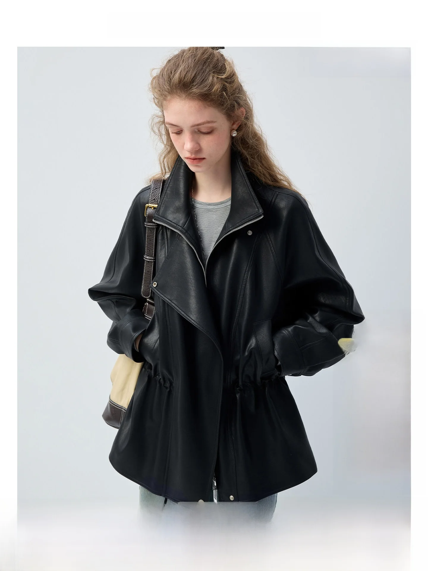 

High Intelligence Black VEGA CHANG Matte Black Women's Cool Leather Jacket Windproof Waterproof Waist-cinching Spring Outerwear