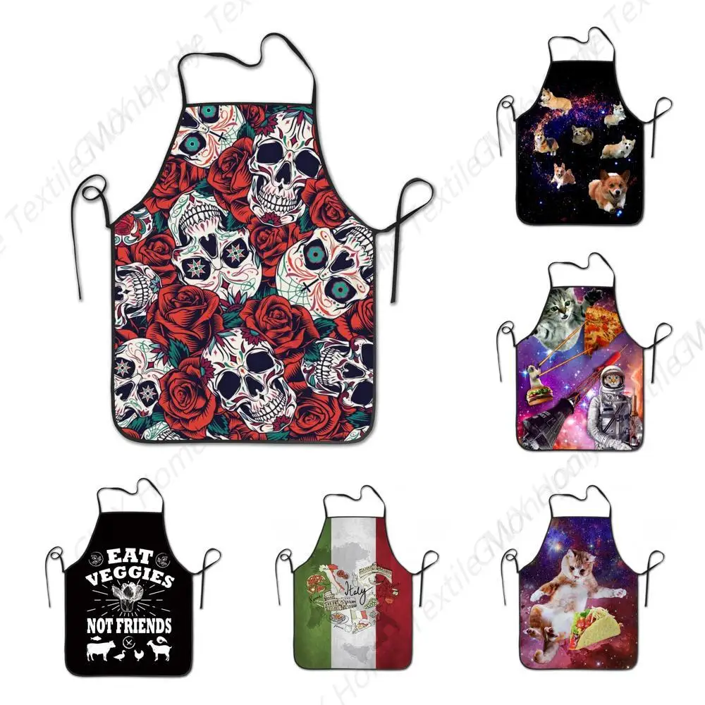 Skull Roses Apron Retro Gothic Dead Head Skeleton with Red Rose Flowers Halloween Theme Spooky Trippy Romantic Cooking Aprons