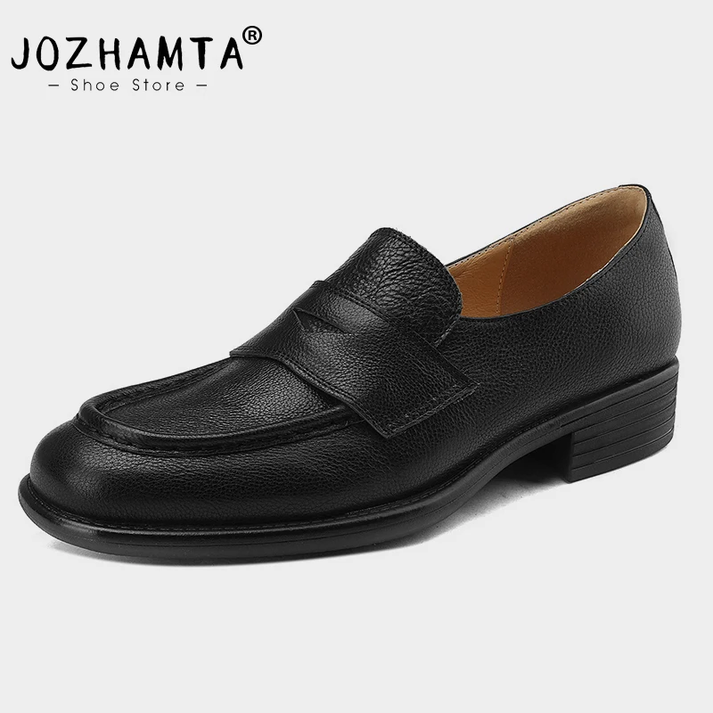 JOZHAMTA Women Casual Loafers Shoes Genuine Leather Thick Heels Platform Shoes Spring Vintage Comfort Office Dress Size 33-42