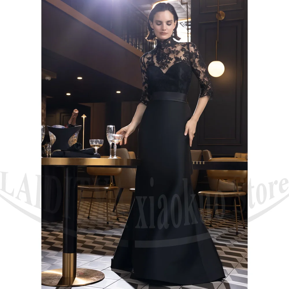 Elegante renda vestidos de noite moda apliques sereia vestidos de festa gola alta meia mangas até o chão vestidos de baile femininos