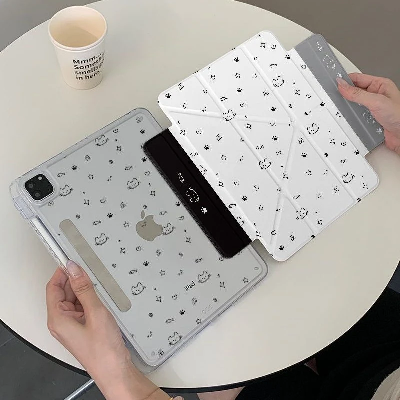 Ins Line Sketch Cat Y2K Y-Fold Cover For iPad Pro 13 11th M5 M4 12.9 A16 10 8 7 9th 10th Air 11 M2 M3 Mini Split Tablet Case