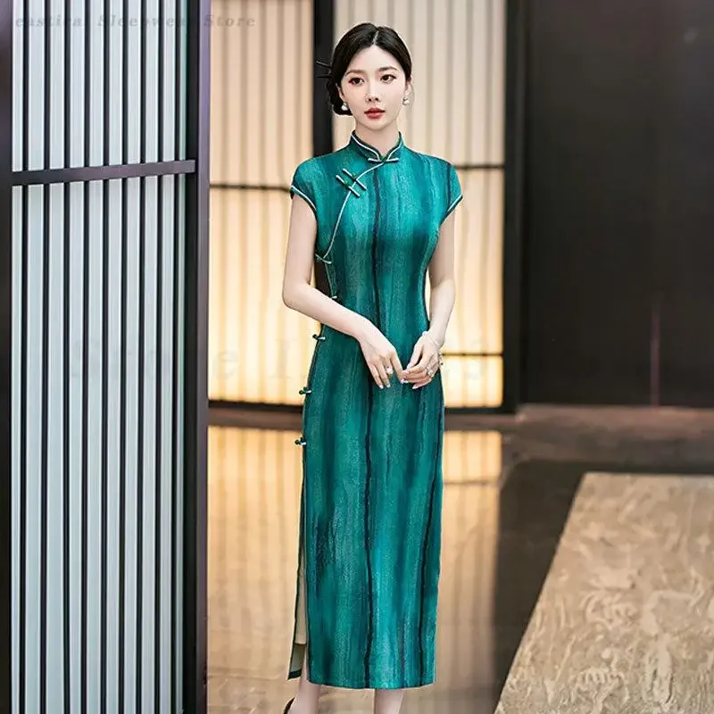 

Big Size 3XL 4XL Stripe Print Qipao Vintage Sleeveless Cheongsam Women Tradition Chinese Dress Long Vestidos Banquet Gown Qipaos