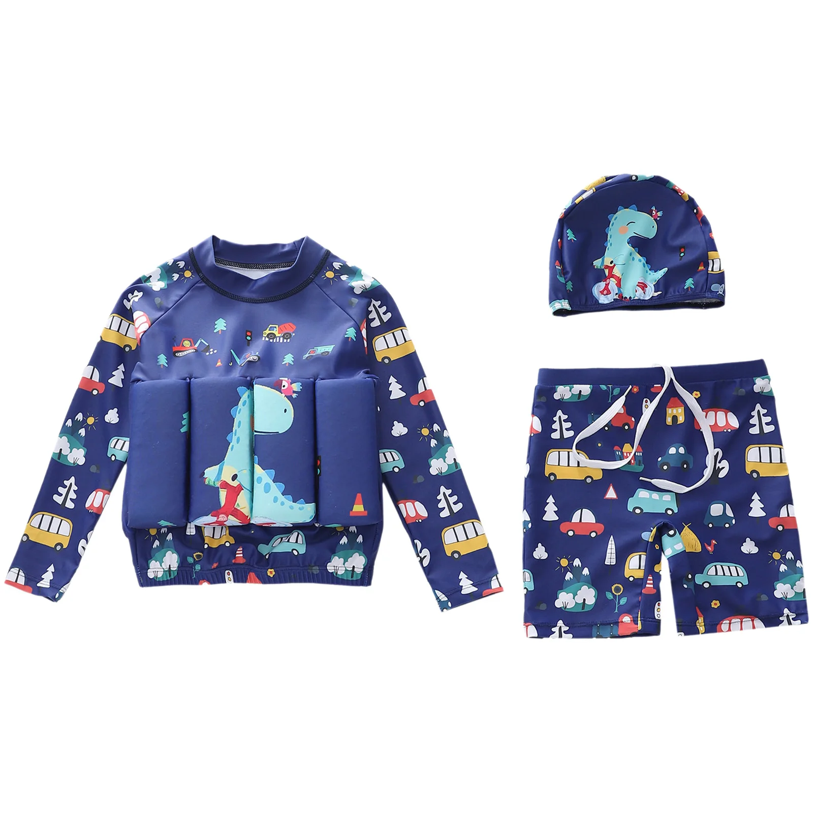 

Kids Boys Swimsuit with Floatation Floating Bathing Suit Long Sleeve Top with Shorts And Swim Cap Swimwear for Summer Beach Wear