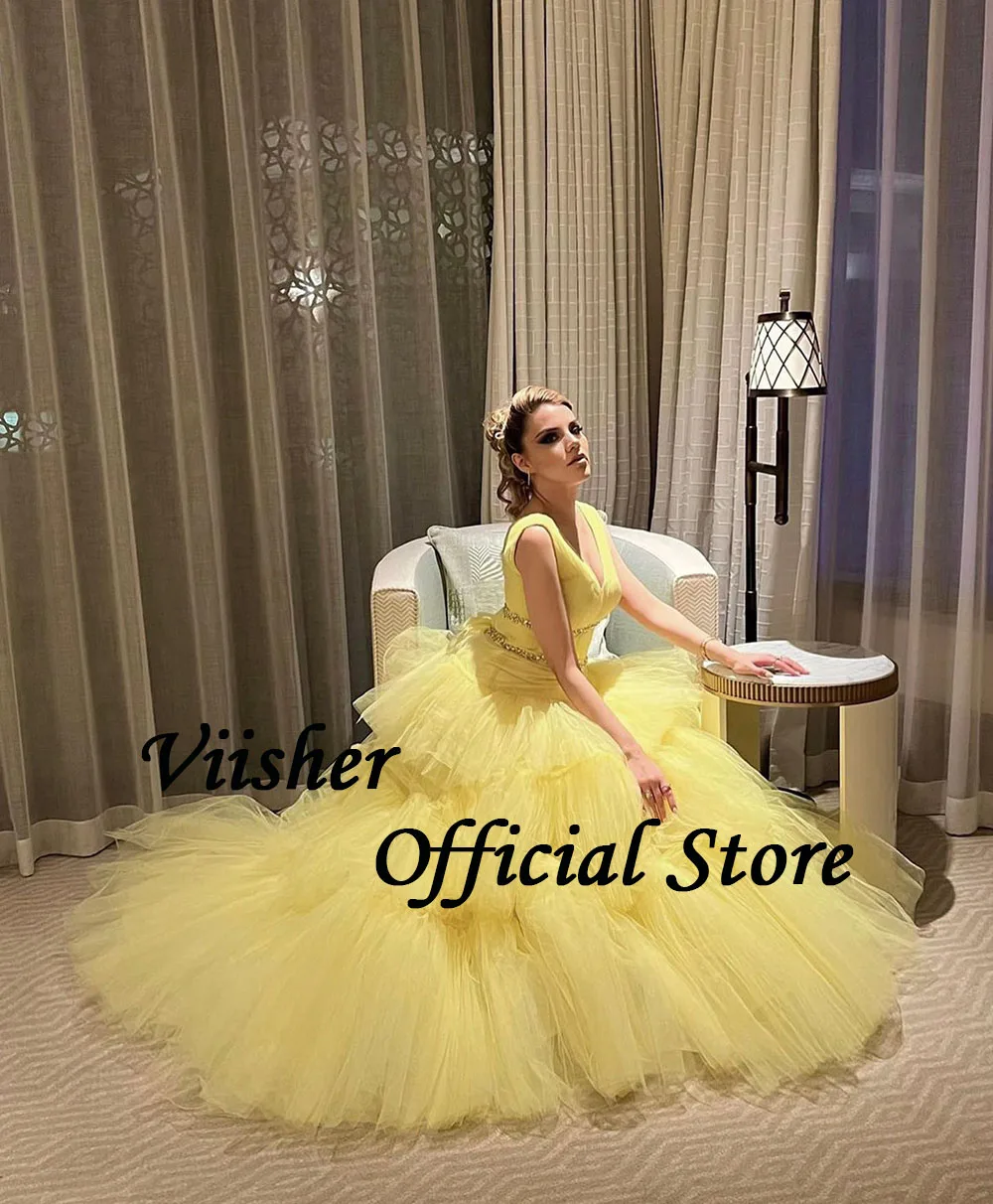 Viisher-Robe de Soirée Longue en Tulle Jaune, Ligne A, Col en V, Ceinture de Perles, Longueur au Sol, Tenue Formelle de Dubaï