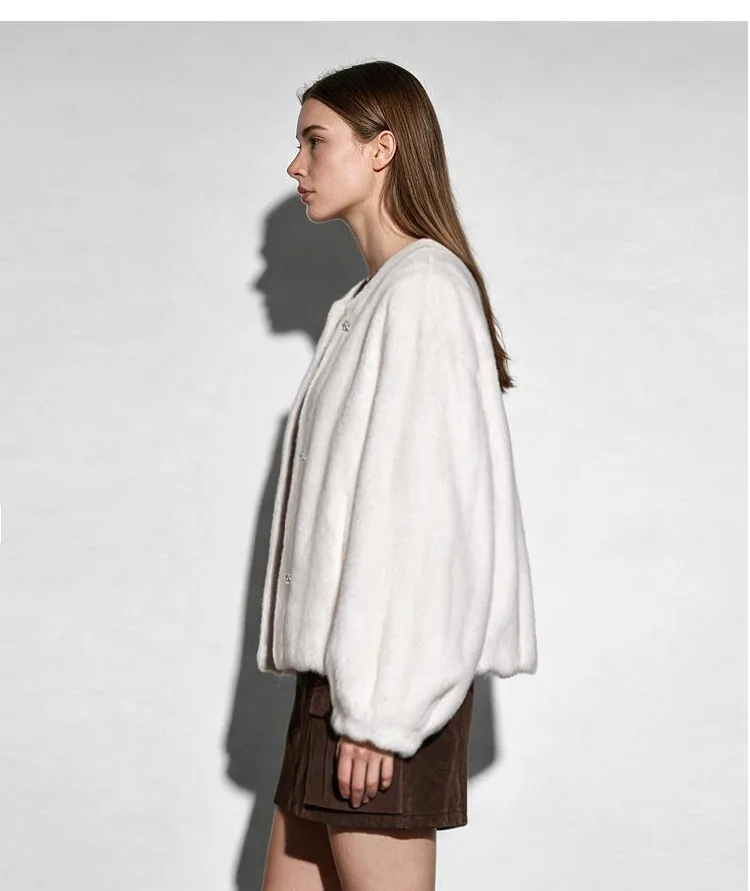 Amii Crew Neck Faux Fur Coat Lantern Sleeve Loose Fit Warm Light Luxury Minimalist 2026 Winter Women's Fur Coat 12624109