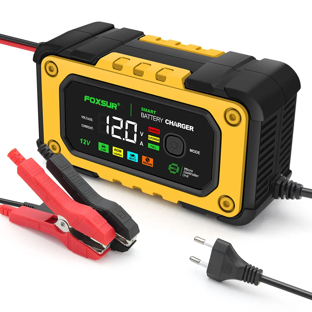 

FOXSUR Car Battery Charger 12V 7A Car Motorcycle Smart Battery Charger For AGM LiFePO4 GEL Intelligent Repair Tools