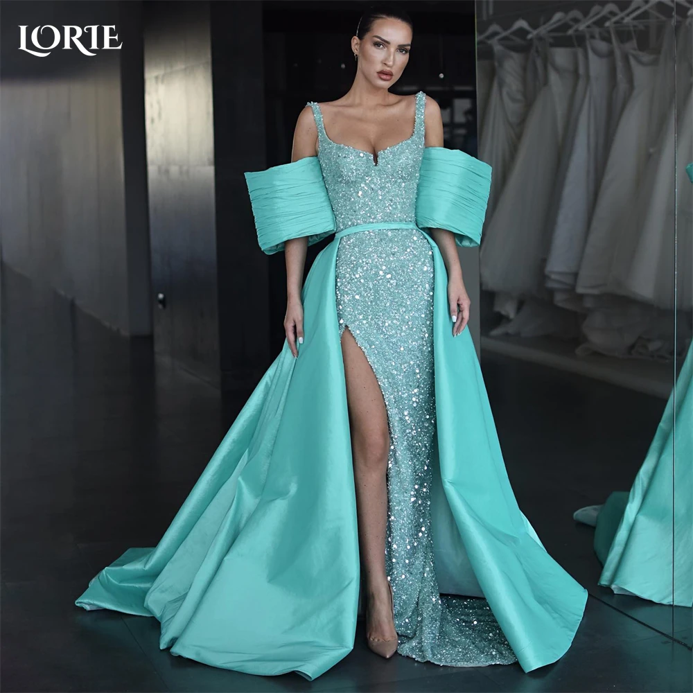 

LORIE Sky Blue Mermaid Evening Dresses Off Shoulder Sequins High Side Slit Pleated Sleeves Prom Dress Backless Shiny Party Gowns