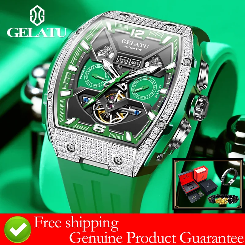 

GELATU skeleton men's watches Tonneau automatic watch for man waterproof Diamond dial multi-functional luxury male wristwatch