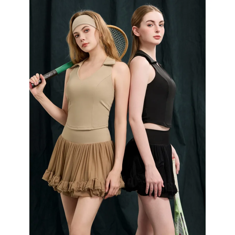 SharpStar Women's Polo Neck Sports Vest Built-in Chest Pad Trendy Tennis Skort Suit Breathable Badminton Skirt Set with Shorts