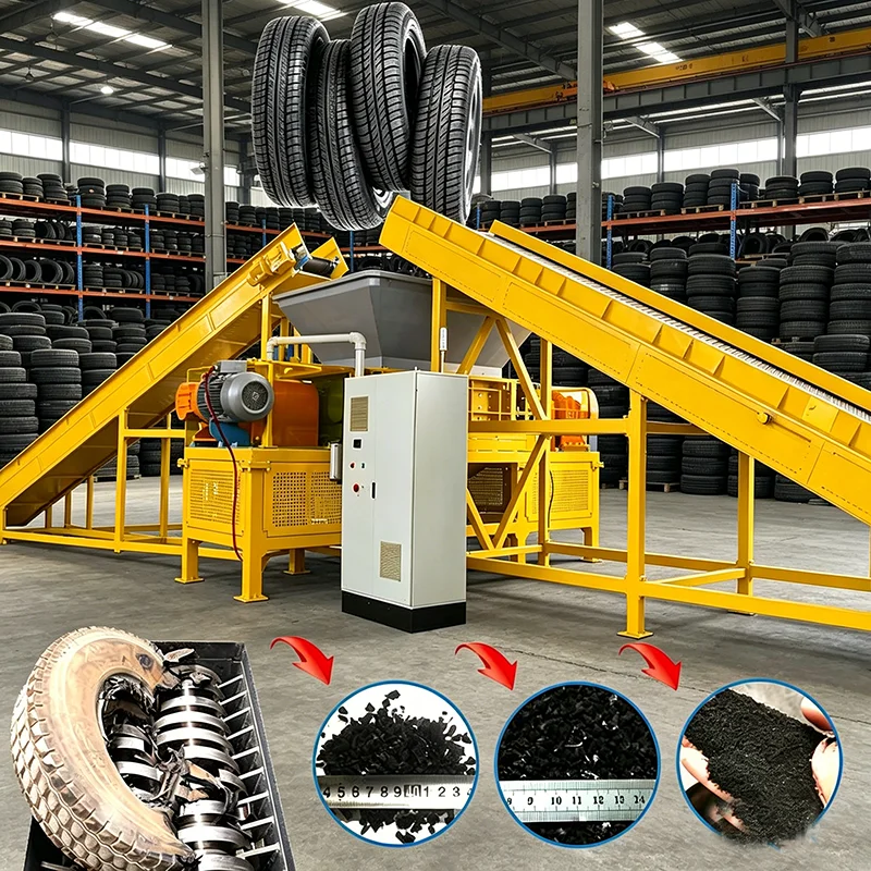 Automatic Tire Shredder Twin Shaft Waste Rubber Tyre Crusher With PLC Control Recycling Equipment