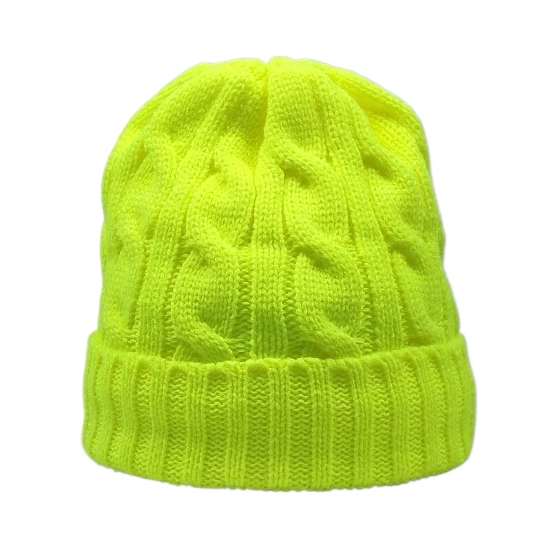 Warm Winter Skull Cap Fleece Inside Women Hats Cable Knitted Beanies Neon Yellow White Black Red Fluoresce Orange Fashion Colors