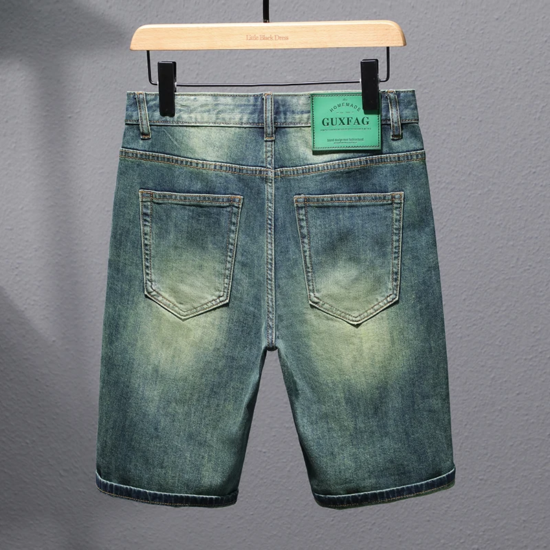 Retro Green Denim Shorts Men's Summer Stretch Fashion Fashion Brand Loose Straight American Casual Ruffle Handsome Shorts