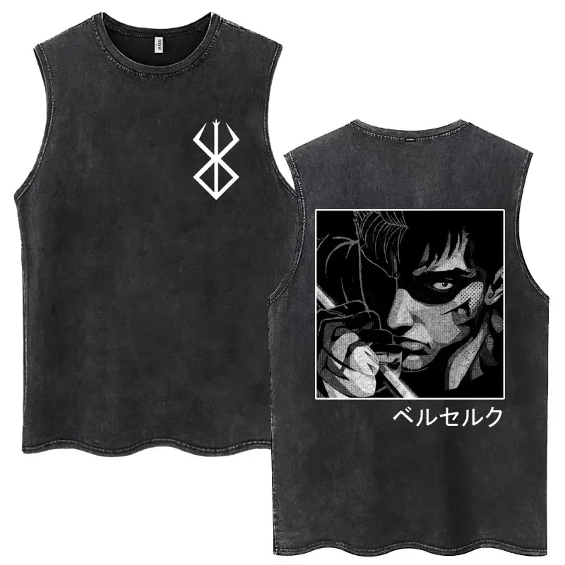 Anime Berserk Guts Griffith Swordsman Washed Tank Tops Men Women Cool Manga Harajuku Sleeveless T Shirt Cotton Oversized T-Shirt