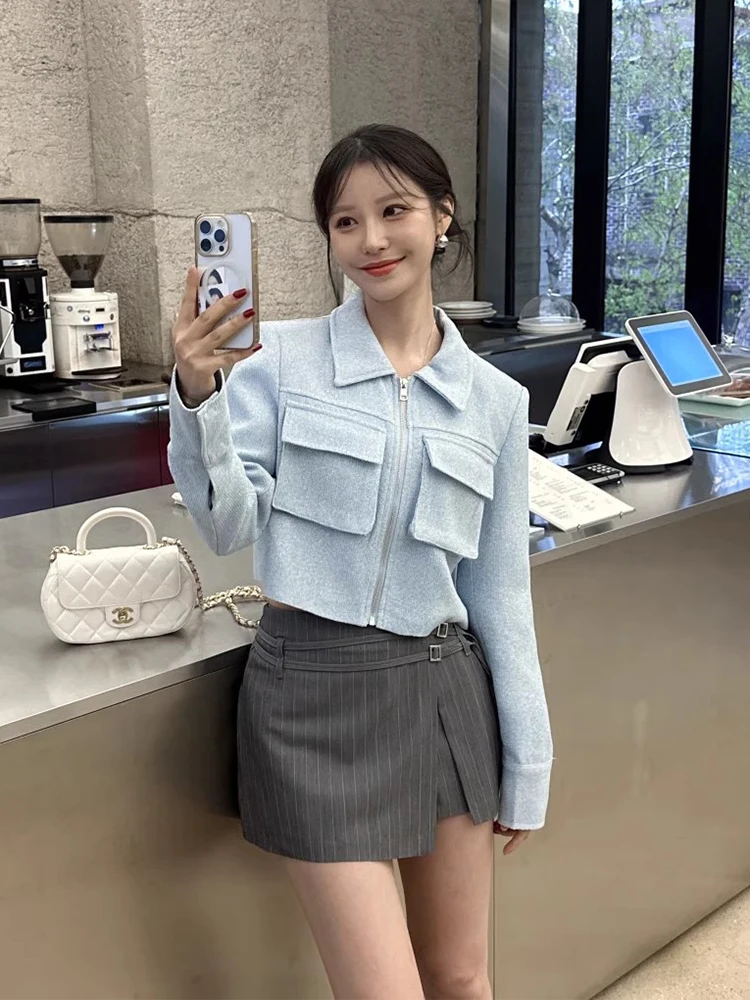 

Korean Autumn New Short Coat Women Vintage Elegant Lapel Neck Tops Mujer 2025 Long Sleeve Zipper Aesthetic Jackets