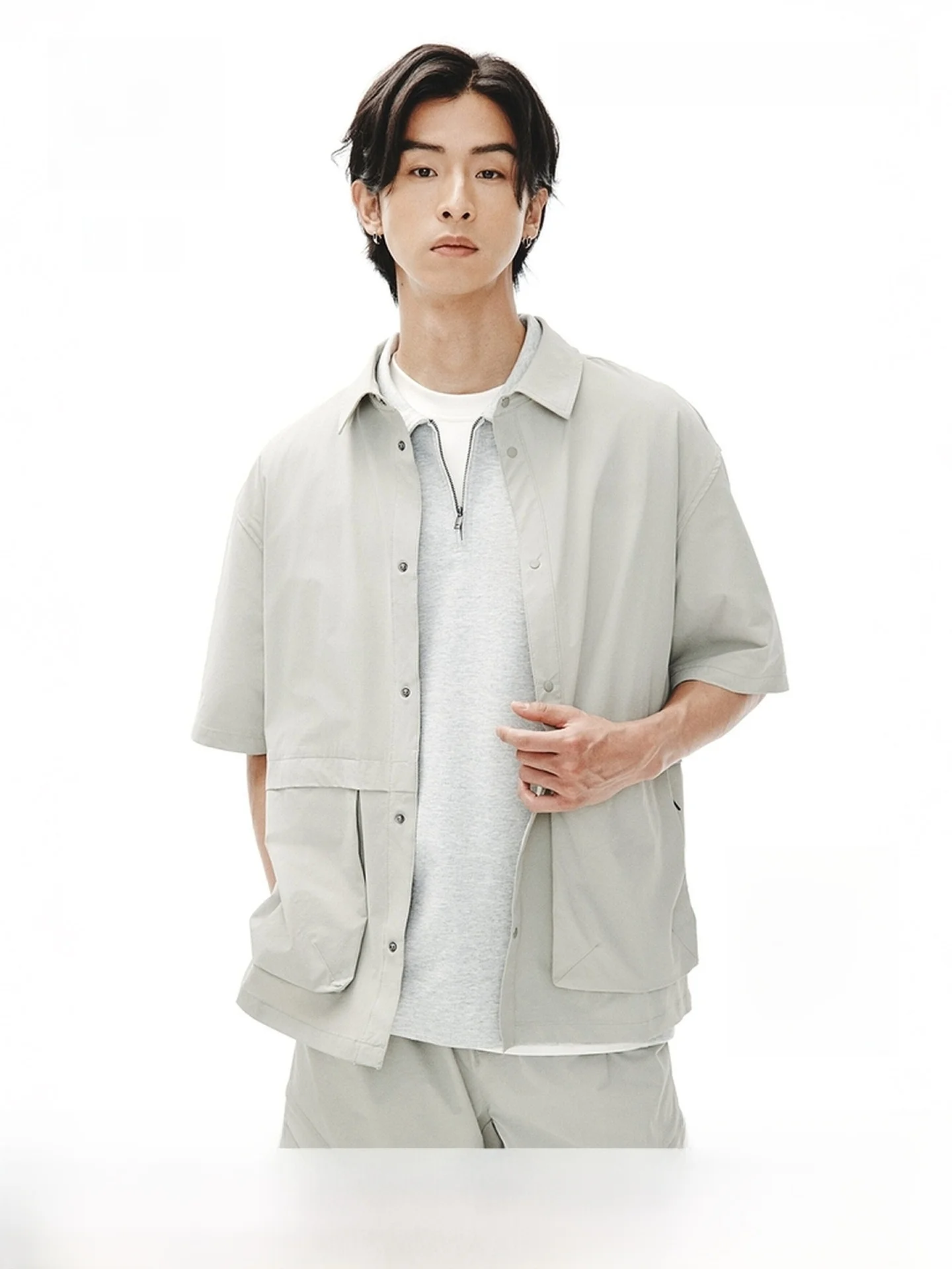 

H&M Men's Casual Loose Fit Nylon Work Shirt Summer 2026 New Style Short Sleeve Button Pocket Regular Length Open Cardigan