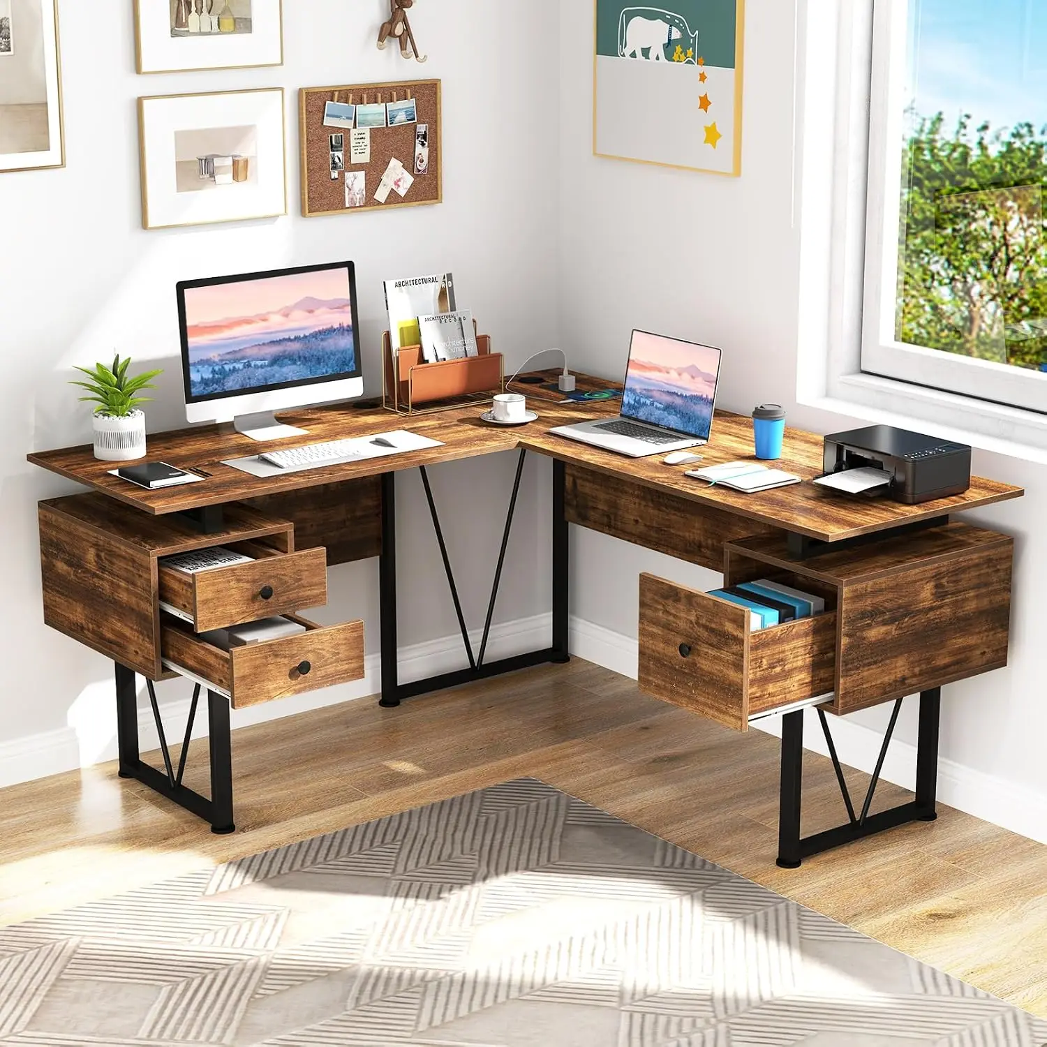 L-Shaped Desk With 3 Drawers & Charging Station, Corner Computer Desk With Metal Frame, Office Workstation, Customized