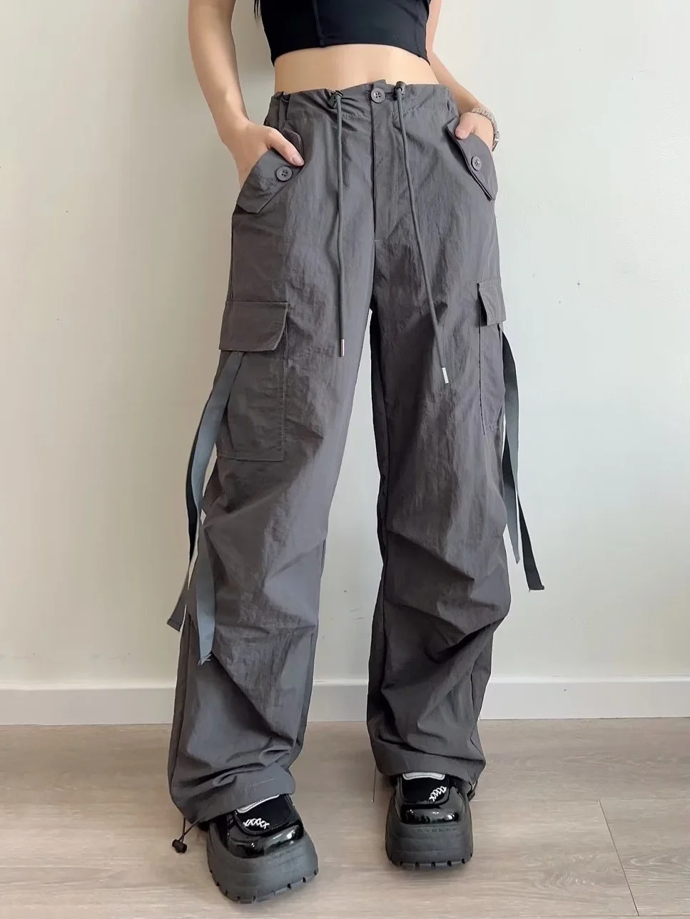 

New Parachute Work Baggy Cargo Pants Full Length For Woman Y 2k Grunge Korean Style Fashion Clothes Jogger Hip Hop Emo Trousers