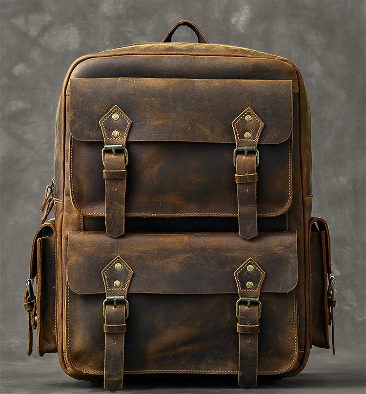 Vintage Crazy Horse Genuine Leather Men's Backpack Bag Cowhide Leather Bagpack male Hiking Backpack Travel Rucksack Large M815