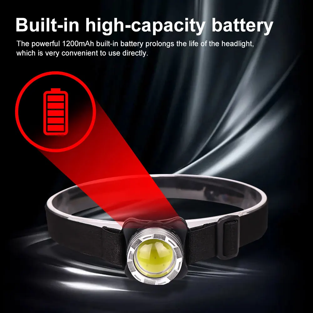 COB LED Headlamp USB Rechargeable Headlight LED Head Torch Built-in Battery Waterproof 3 Modes Camping Fishing Emergency Lantern