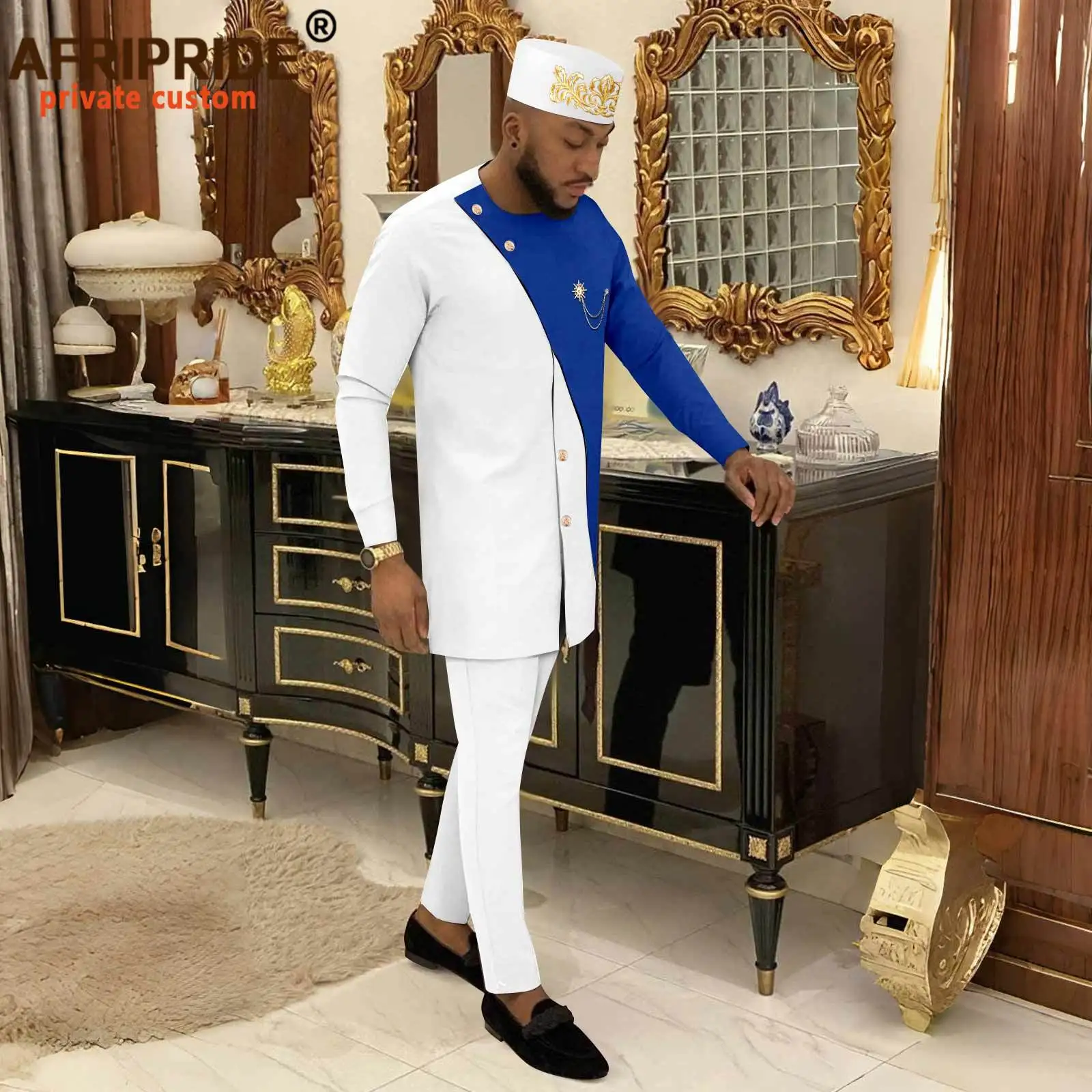 

African Suits for Men Single Breasted Brooch Blazer Pant and Hats 3 Piece Set Outfits Wedding Attire Match Clothes 2416120