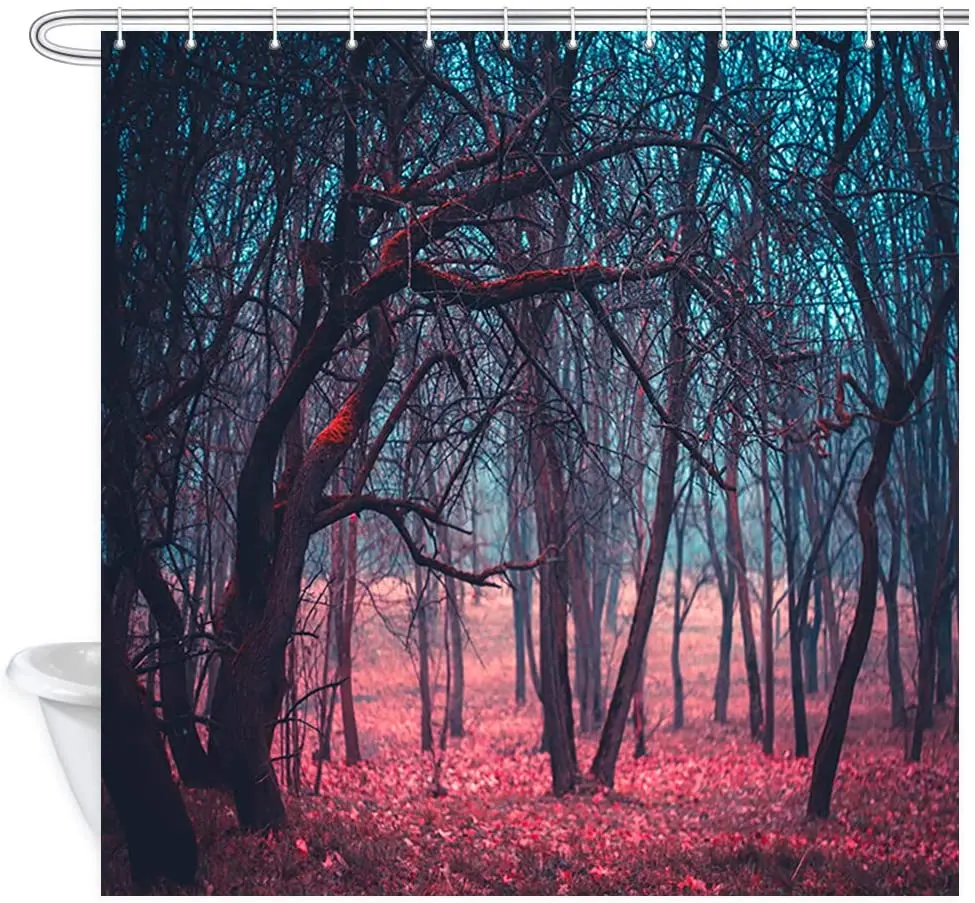 Stranger Red Forest Shower Curtain Mystical Mysterious Trees Fog Moonlight Leaves Polyester Fabric Bath Curtains and Hooks