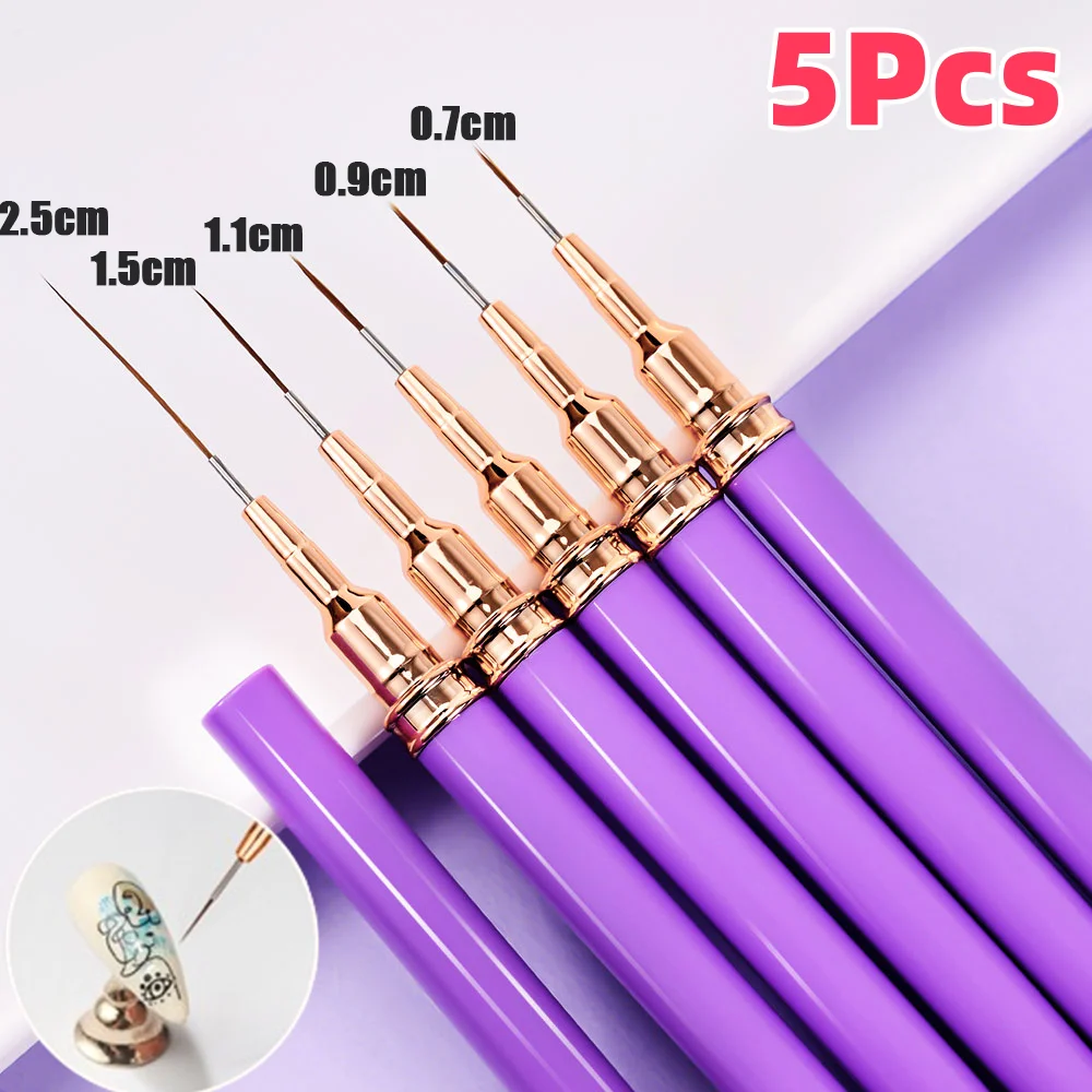 Juego de pinceles para delineador de uñas, 5 uds., 7/9/11/15/25mm, línea ultrafina púrpura/lápiz de pintura de rayas francesas, pinceles para uñas de Gel UV, herramienta para manicura