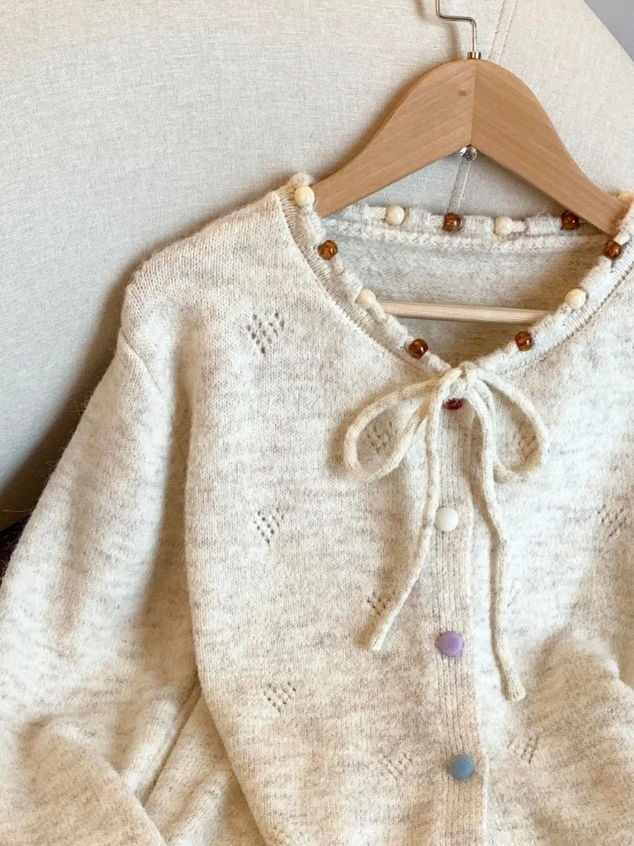 Dopne اللون الأزرق زر حبة حبل جولة Ne المرأة الخريف الشتاء لينة مريحة محبوك فضفاضة مفتوحة سترة سترة #4