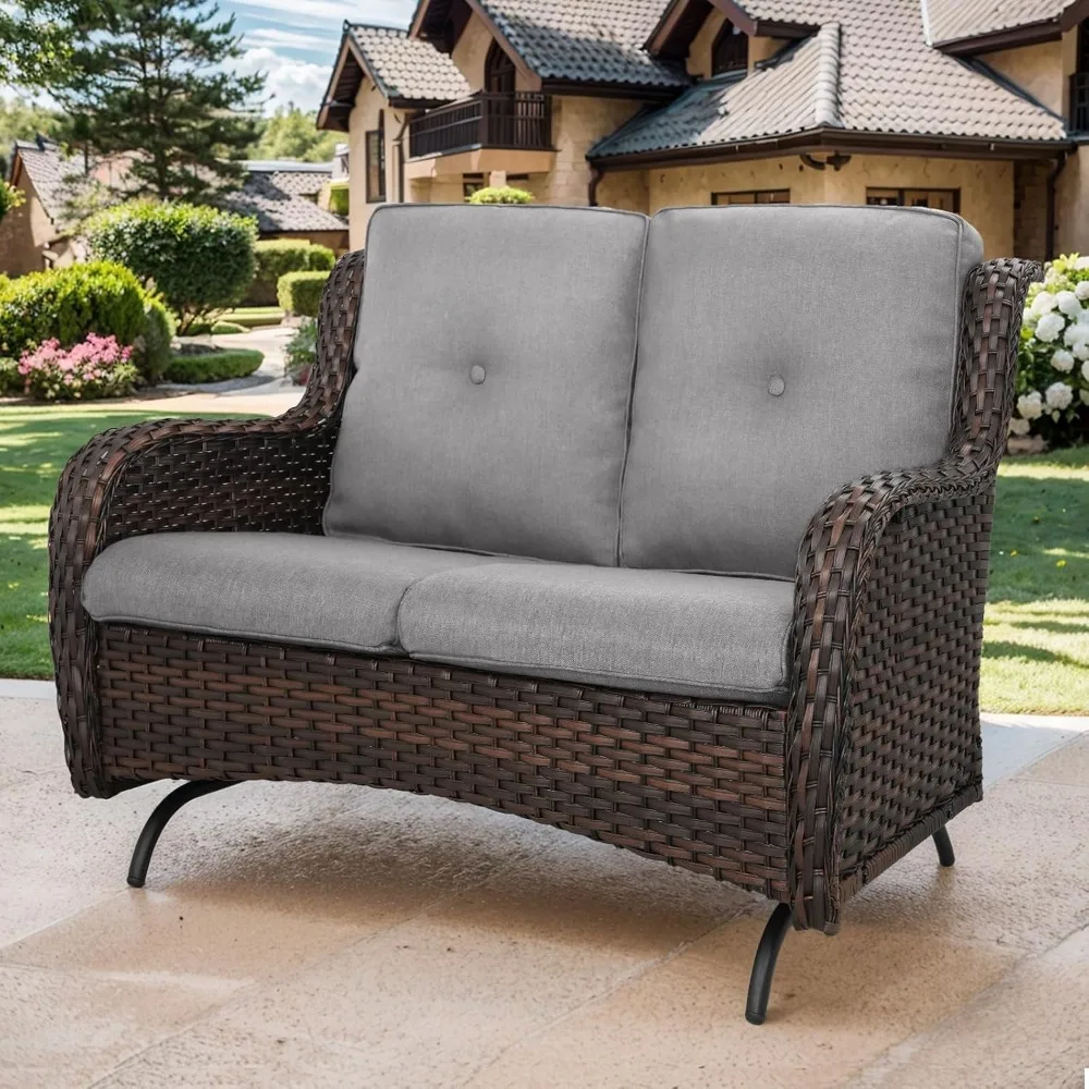 

Rattan gliding sofa with curved armrests, thickened backrest and cushion, suitable for gardens, balconies, backyards