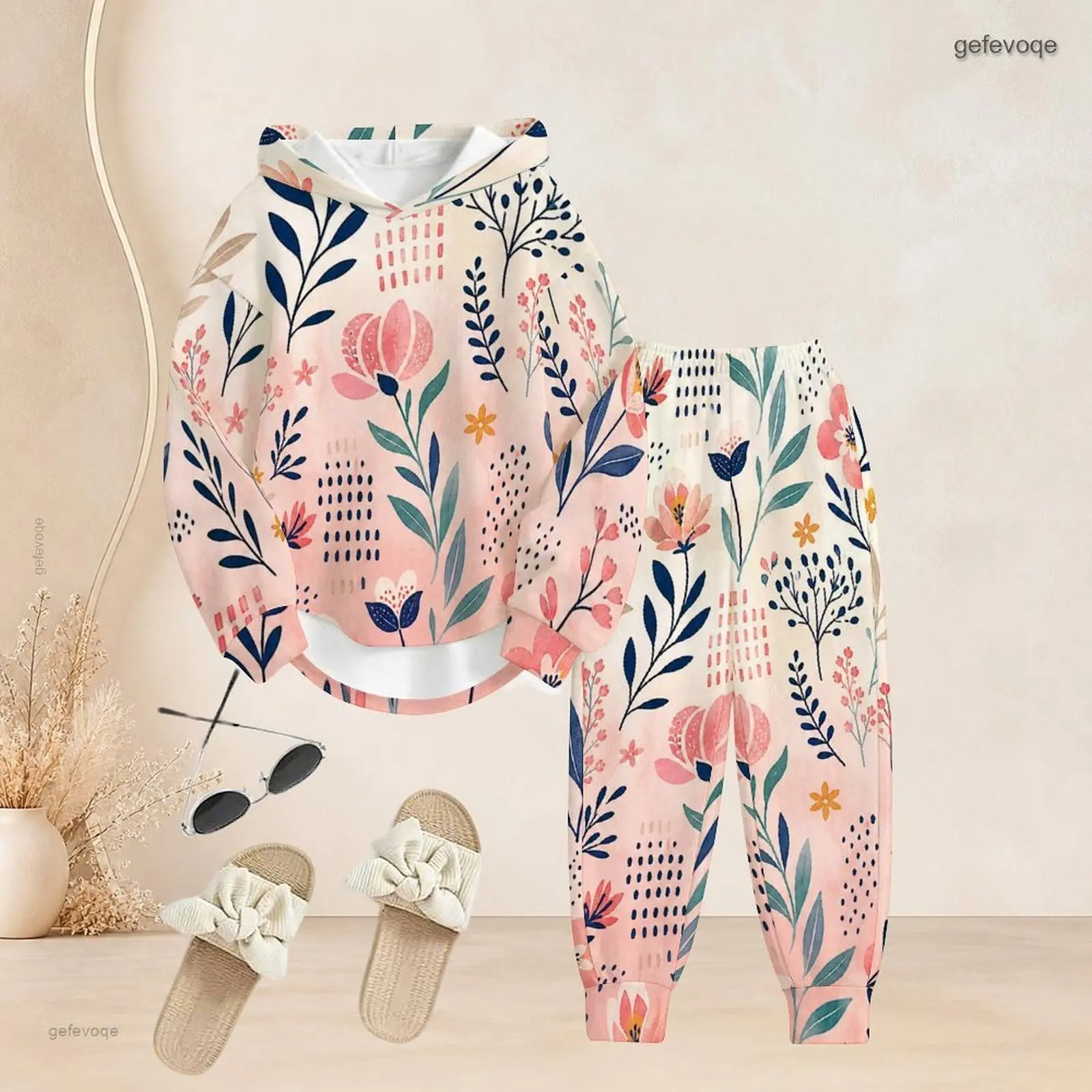 Women Floral Foliage Printed Long Sleeve Hooded Top and Cuffed Pants Two Piece Set
