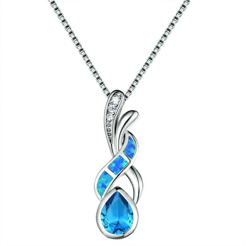 Silver Created Lake Blue Simulated Opal Aquamarine Engagement Necklace Pendant
